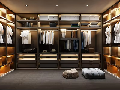 Modern Walk in Closet Interior Design With Wooden Cabinets Hanging Clothes Drawers And Warm Lighting 3d model