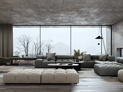 Modern Living Room Sofa And Coffee Table Set With Concrete Wall Large Window Wooden Floor Pendant Light Plants 3d model