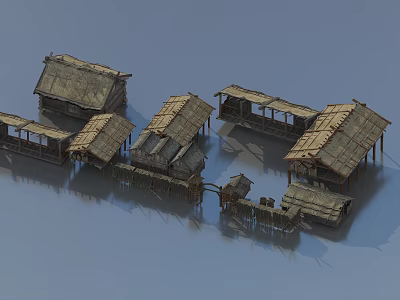 Rustic Traditional Wooden Houses With Thatched Roofs And Connected Platforms Structure 3d model