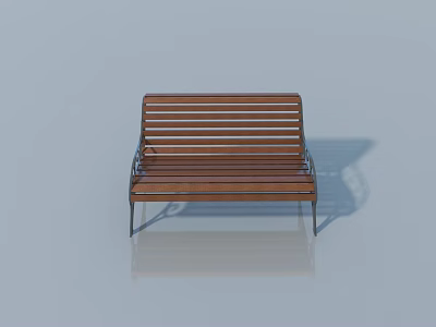 Wooden Bench With Slatted Seat Backrest And Metal Legs On Light Blue Background With Reflection 3d model