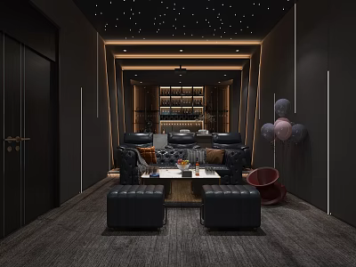 Home Theater Room Interior Design With Starry Ceiling Dark Walls Comfortable Seating Sofa 3d model