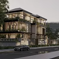 Modern Two Story Townhouse Exterior With Balconies Greenery Surrounding Trees And Stone Fence