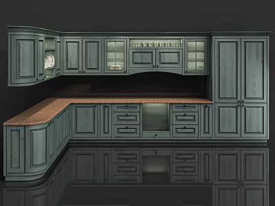 Dark Green Kitchen Cabinets With Glass Door Upper Units And Wooden Countertop 3d model