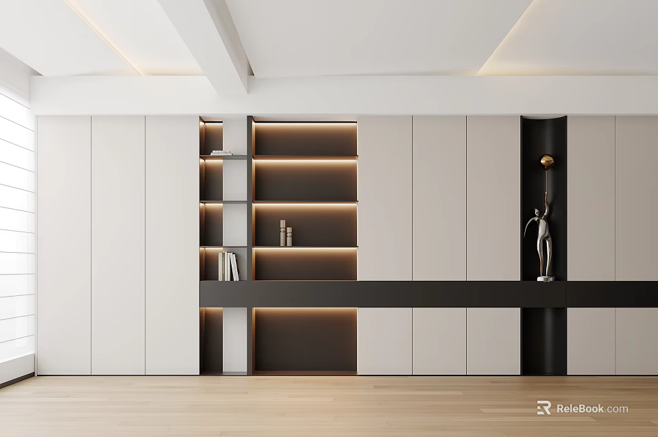 Modern TV Background Cabinet With White Black Panels Open Shelves And LED Lighting 3d model 
