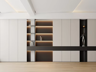 Modern TV Background Cabinet With White Black Panels Open Shelves And LED Lighting 3d model