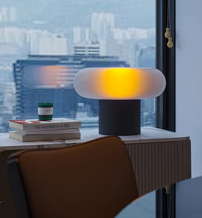 Modern Table Lamp White Shade Warm Yellow Light By Window With Books And City View 3d model