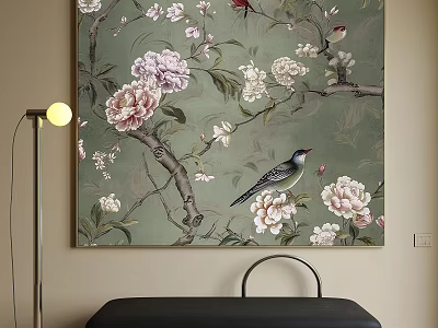 Botanical Painting with Flowers Branches and Birds on Green Background Home Decor Art 3d model