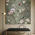 Botanical Painting with Flowers Branches and Birds on Green Background Home Decor Art
