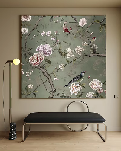 Botanical Painting with Flowers Branches and Birds on Green Background Home Decor Art 3d model