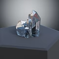 Transparent Polyhedral Crystals On Gray Hexagonal Platform With Dark Background