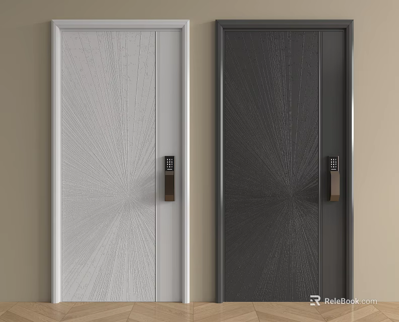 Modern Security Doors White And Dark Gray With Radial Pattern Electronic Lock And Metal Handle 3d model 
