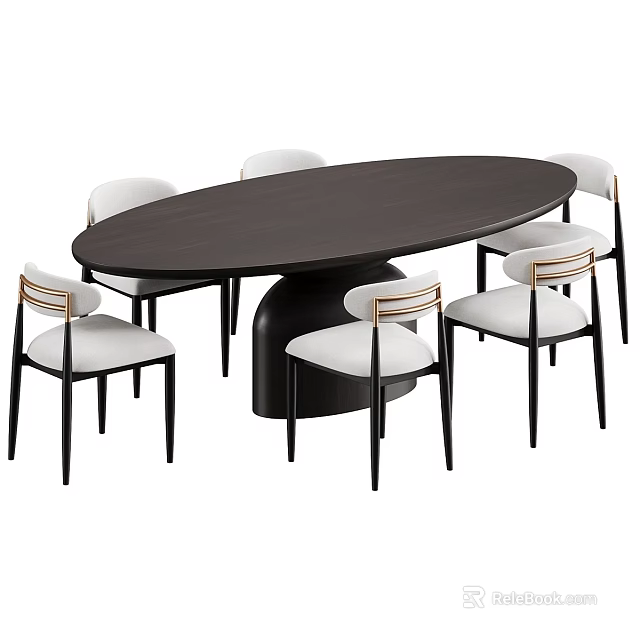 Modern Round Dark Wood Dining Table And Chair Set With Six White Seats And Gold Trim Details 3d model 