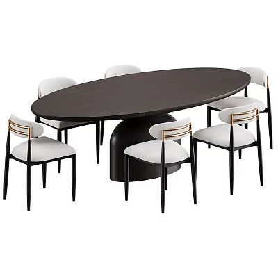 Modern Round Dark Wood Dining Table And Chair Set With Six White Seats And Gold Trim Details 3d model