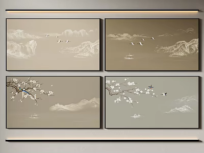 Four Panel Wall Art With Light Brown Mountain Landscapes Flying Birds And Plum Blossoms 3d model