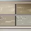 Four Panel Wall Art With Light Brown Mountain Landscapes Flying Birds And Plum Blossoms