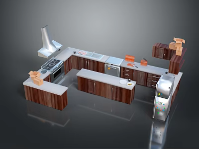 Modern Wooden Kitchen Furniture With Island Counter Stove Range Hood And Refrigerator 3d model