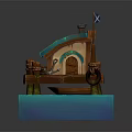 Small Waterfront Cabin With Verdigris Roof Chimney Flagpole And Small Boat On Blue Water Base