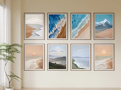Wall Decor With Eight Framed Nature Landscape Paintings Beach Mountain Sunset Ocean 3d model