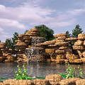 Waterfront Landscape With Rock Formation Waterfall Pond Trees And Wooden Bench