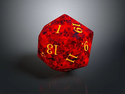 Shiny Red Marbled Polyhedral Dice With Clear Yellow Numbers And Smooth Surface 3d model
