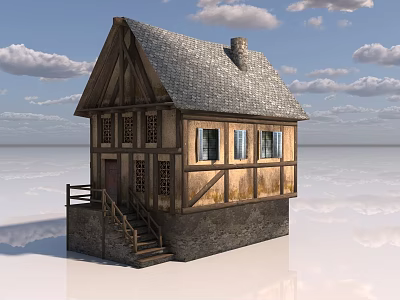 Ancient Traditional Wooden House with Sloped Roof Stone Base Windows and Stairs 3d model