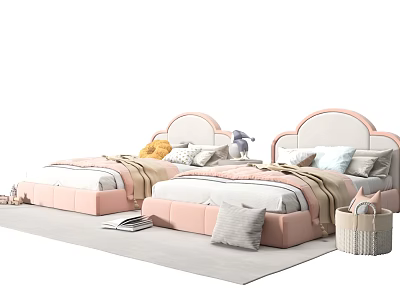 Pink and White Kids Bed with Curved Headboard Pillows and Blankets 3d model
