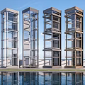 Modern Elevator Exterior Designs With Glass Structure And Water Reflection