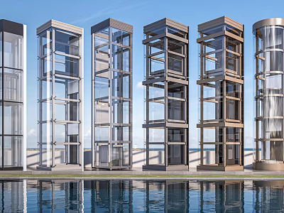 Modern Elevator Exterior Designs With Glass Structure And Water Reflection 3d model