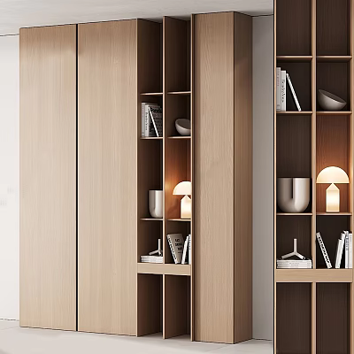 Modern Wooden Bookcase with Open Shelving Design and Decorative Lamps Vases Books 3d model