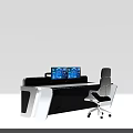 Modern Industrial Equipment Control Console With Dual Monitors Office Chair And Workstation Drawers