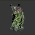 Green Leaf Plant With Pink Yellow Flowers And Butterflies On Gray Background With Reflection