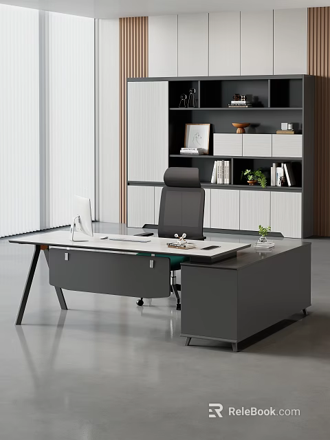Modern Office Desk With Glass Top Ergonomic Chair Computer Monitor And Plant 3d model 
