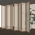 Wooden Room Divider With Woven Panels in Modern Interior Space and Green Plant Decoration