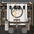 Modern Office Interior With Chinese Style Decor Bookshelves Black Pendant Lights And Wooden Desk