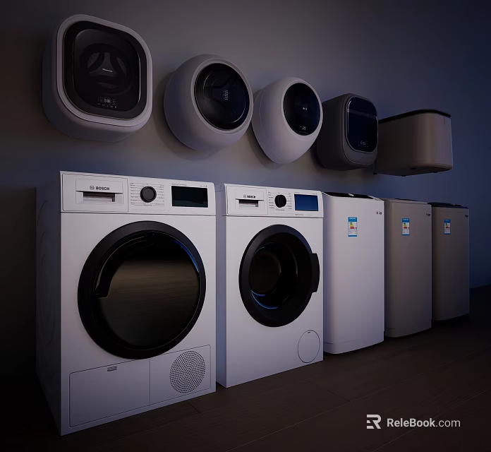 Modern Washing Machines And Dryers In Various Designs For Home Laundry Room 3d model 