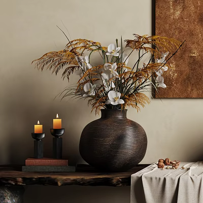 Dark Brown Vase with White Blooms and Yellow Ferns Styled with Candles Books and Nuts 3d model