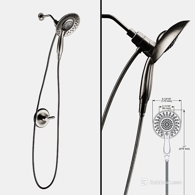 Modern Handheld Shower Faucet With Flexible Hose And Detailed Dimensions For Bathroom 3d model 