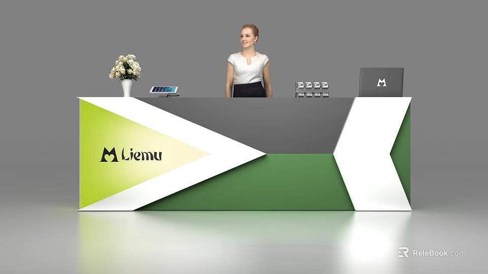 Modern Liemu Reception Desk With Geometric Green White Gray Design And Flower Vase Laptop 3d model 