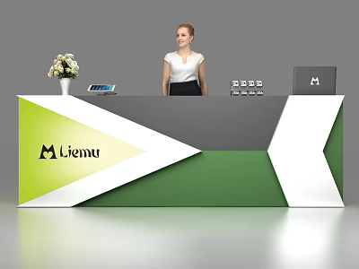 Modern Liemu Reception Desk With Geometric Green White Gray Design And Flower Vase Laptop 3d model