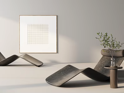 Modern Sculptural Chaise Lounge in Minimalist Interior with Framed Art and Potted Plant 3d model
