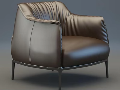 Modern Brown Leather Single Seater Sofa with Pleated Back and Metal Legs Design 3d model