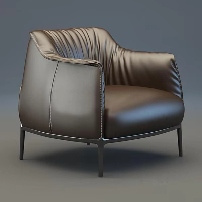Modern Brown Leather Single Seater Sofa with Pleated Back and Metal Legs Design 3d model