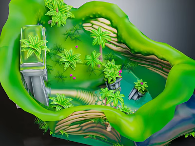 Cartoon Scene With Lush Green Foliage Stone Platforms And Winding Path 3d model