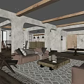 Cozy Living Dining Room Interior With Wooden Beams Fireplace Sofa And Dining Table Set