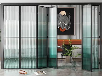 Modern Textured Glass Folding Doors As Room Divider In Interior Dining Space With Art 3d model