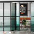 Modern Textured Glass Folding Doors As Room Divider In Interior Dining Space With Art