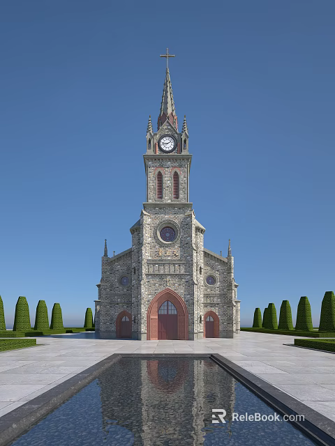 Classic European Church Architecture With Clock Tower Spire Stone Facade Arched Doorway And Trimmed Shrubs 3d model 