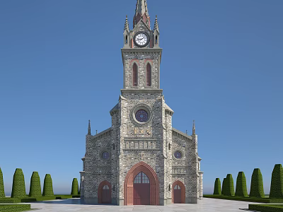 Classic European Church Architecture With Clock Tower Spire Stone Facade Arched Doorway And Trimmed Shrubs 3d model
