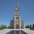 Classic European Church Architecture With Clock Tower Spire Stone Facade Arched Doorway And Trimmed Shrubs
