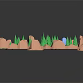 Cartoon Style Scenic Landscape With Orange Mountains Green Trees Pathway And Blue Fountain